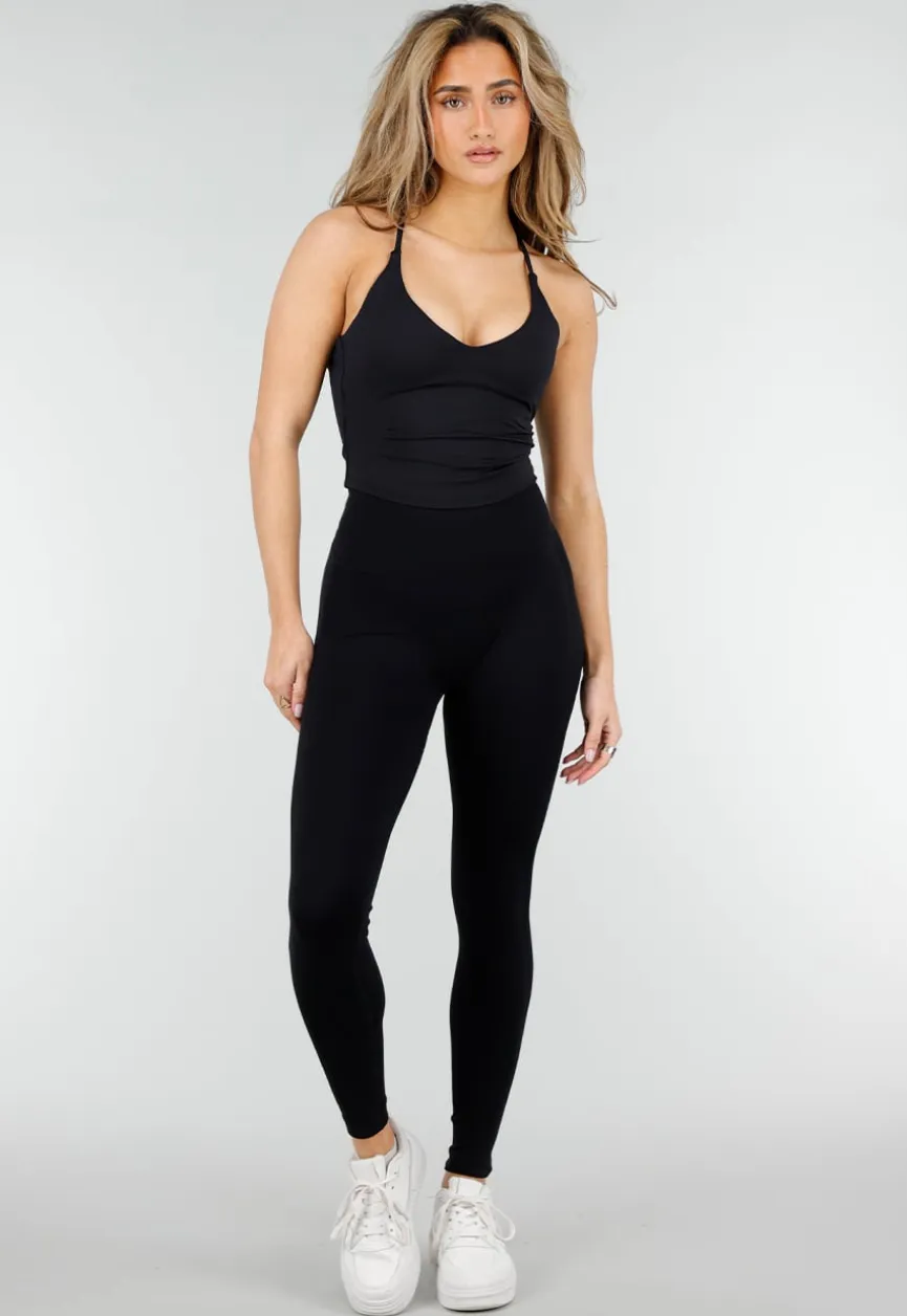 Zwarte Halter Crop Top met Open Rug