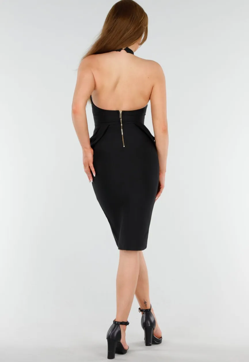 Zwarte Halter Midi Jurk met Peplum Detail en Split