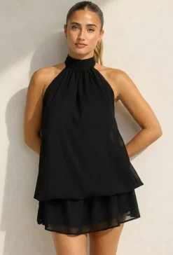 Zwarte Halter Mini Jurk met Open Rug en Chiffon Laag