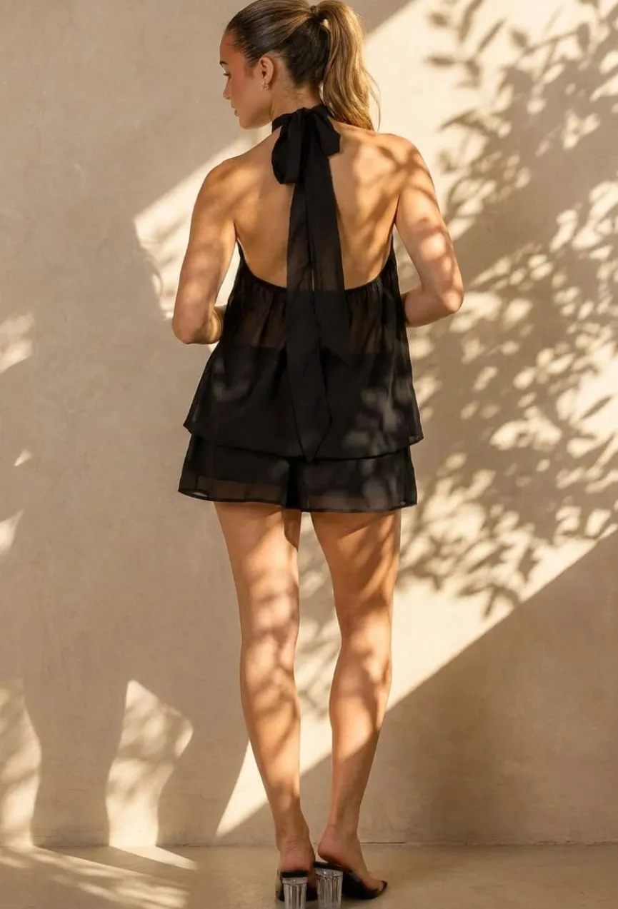 Zwarte Halter Mini Jurk met Open Rug en Chiffon Laag