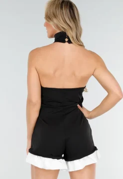 Zwarte Halter Playsuit Met Hoge Kraag en Witte Ruches Aan De Zoom