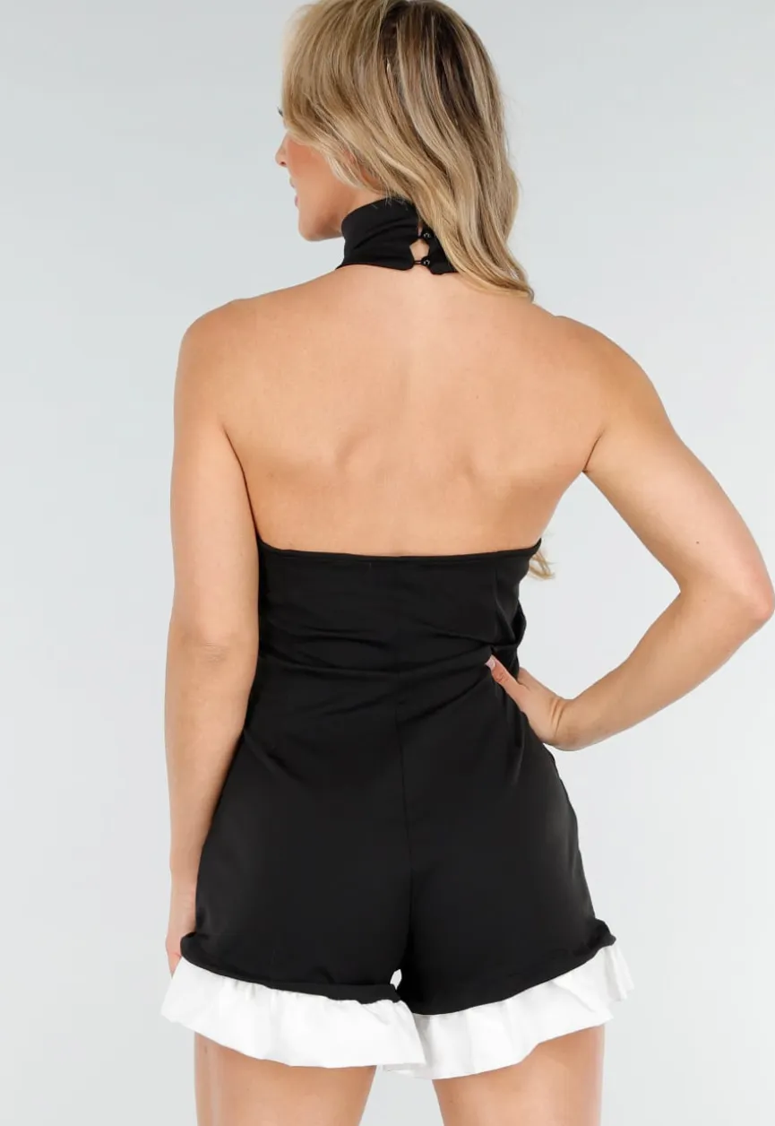 Zwarte Halter Playsuit Met Hoge Kraag en Witte Ruches Aan De Zoom