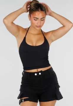 Zwarte Halter Sport Top met Verstelbaar Halterbandje, Uitneembare Pads en Stretch