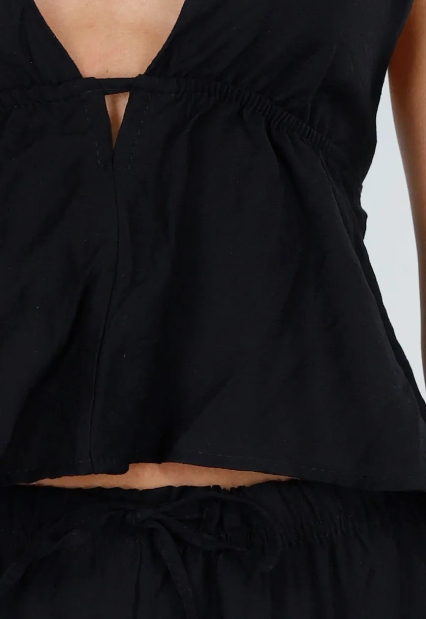 Zwarte Halter Top en Wide Leg Broek Set met Open Rug