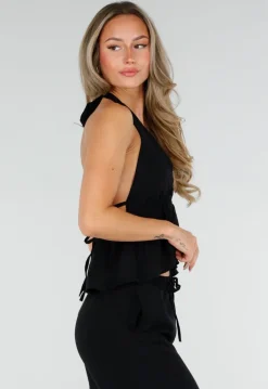Zwarte Halter Top en Wide Leg Broek Set met Open Rug