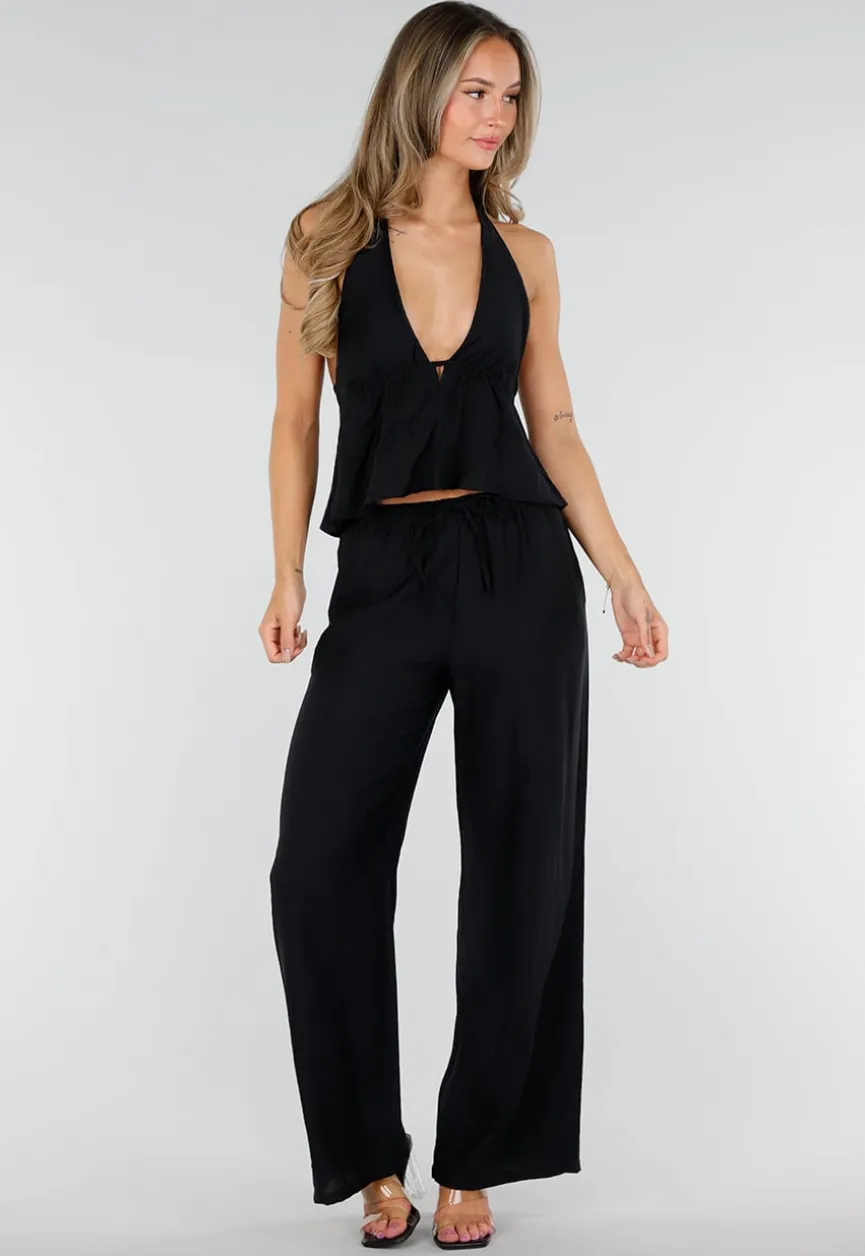 Zwarte Halter Top en Wide Leg Broek Set met Open Rug