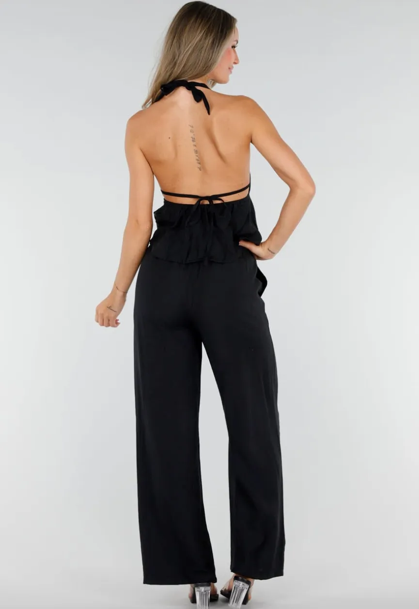 Zwarte Halter Top en Wide Leg Broek Set met Open Rug