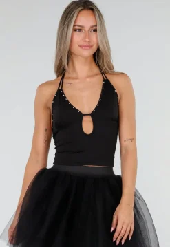 Zwarte Haltertop met Studdetails en Open Rug