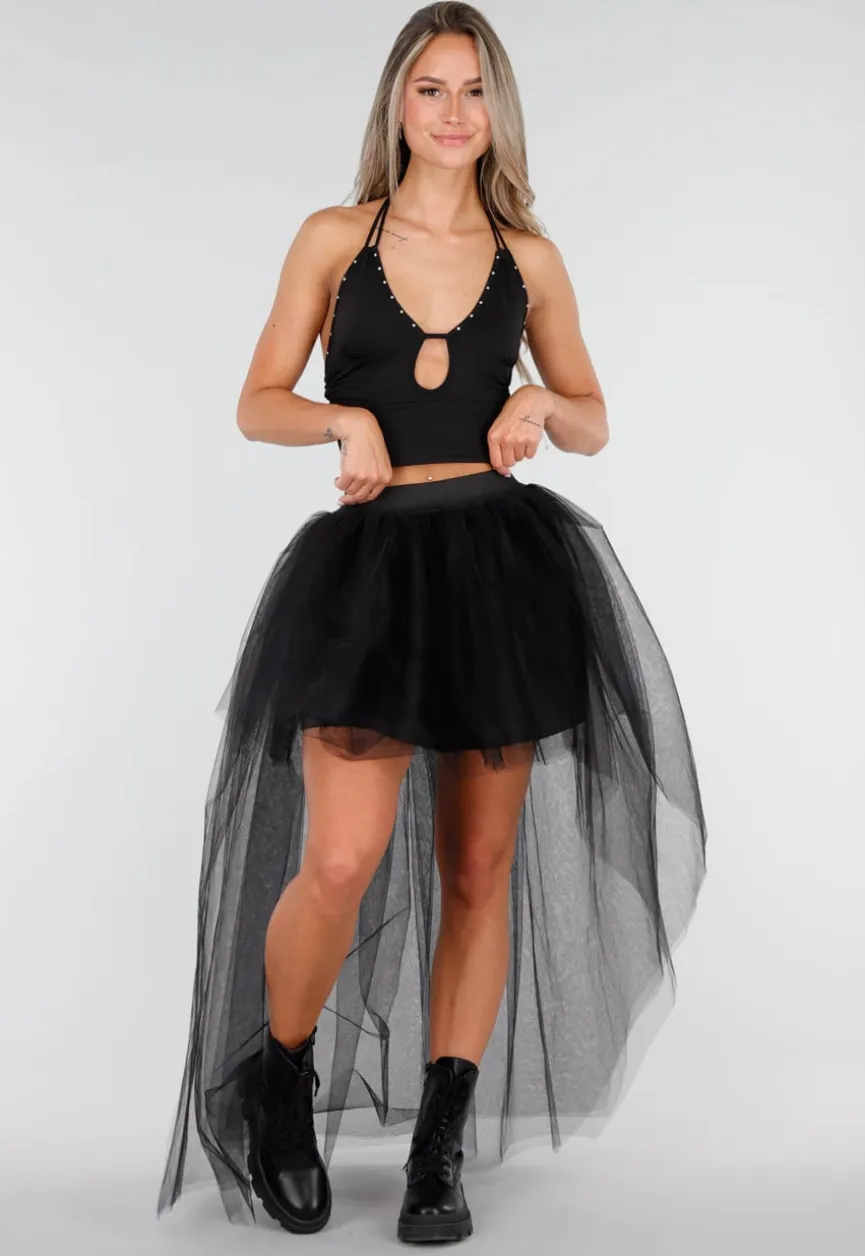 Zwarte Haltertop met Studdetails en Open Rug
