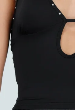 Zwarte Haltertop met Studdetails en Open Rug