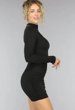 Zwarte High Neck Jurk met Geplooide Naad