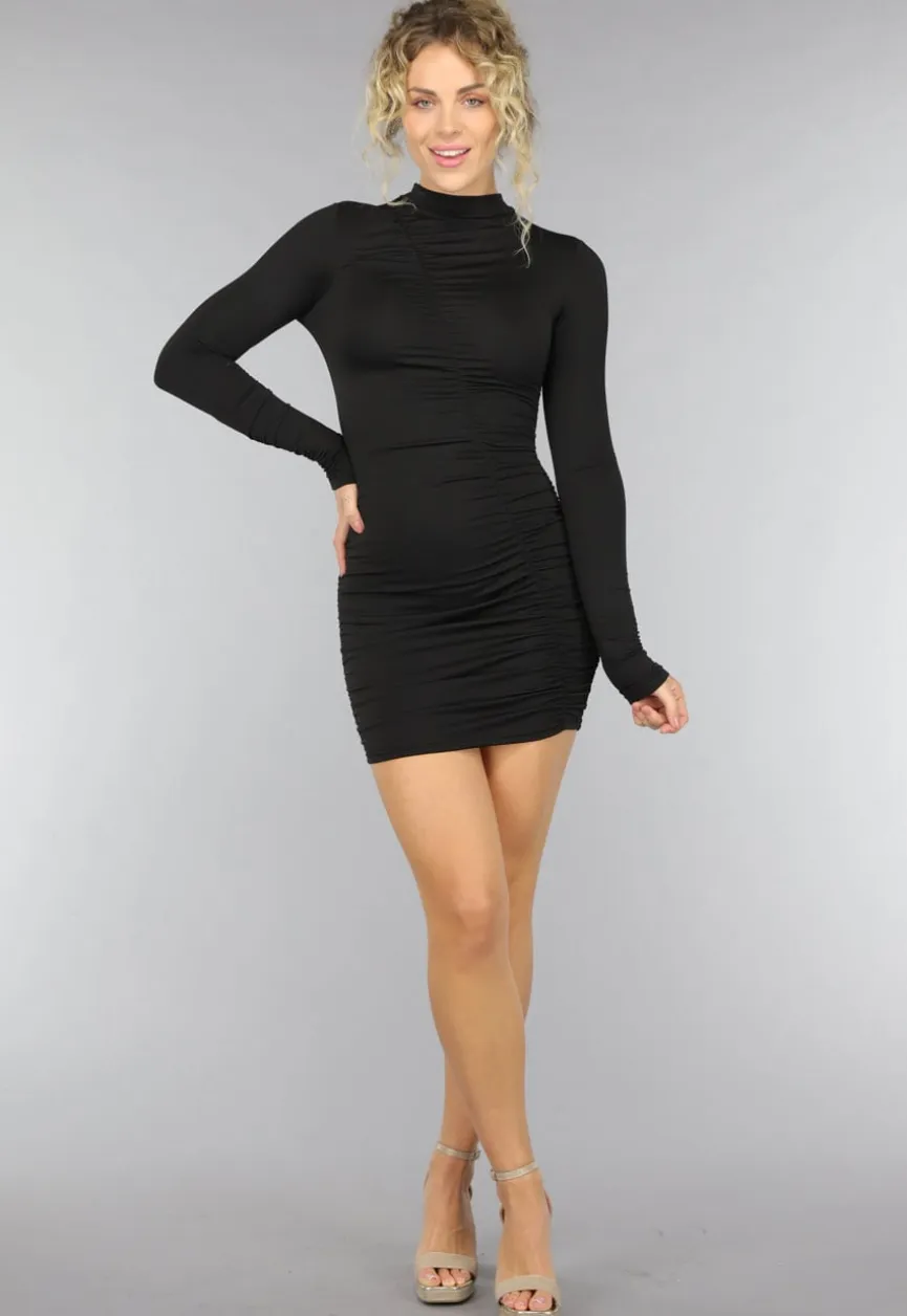 Zwarte High Neck Jurk met Geplooide Naad