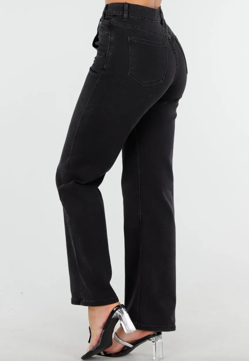 Zwarte High Waist Straight Jeans met Rechte Pijpen