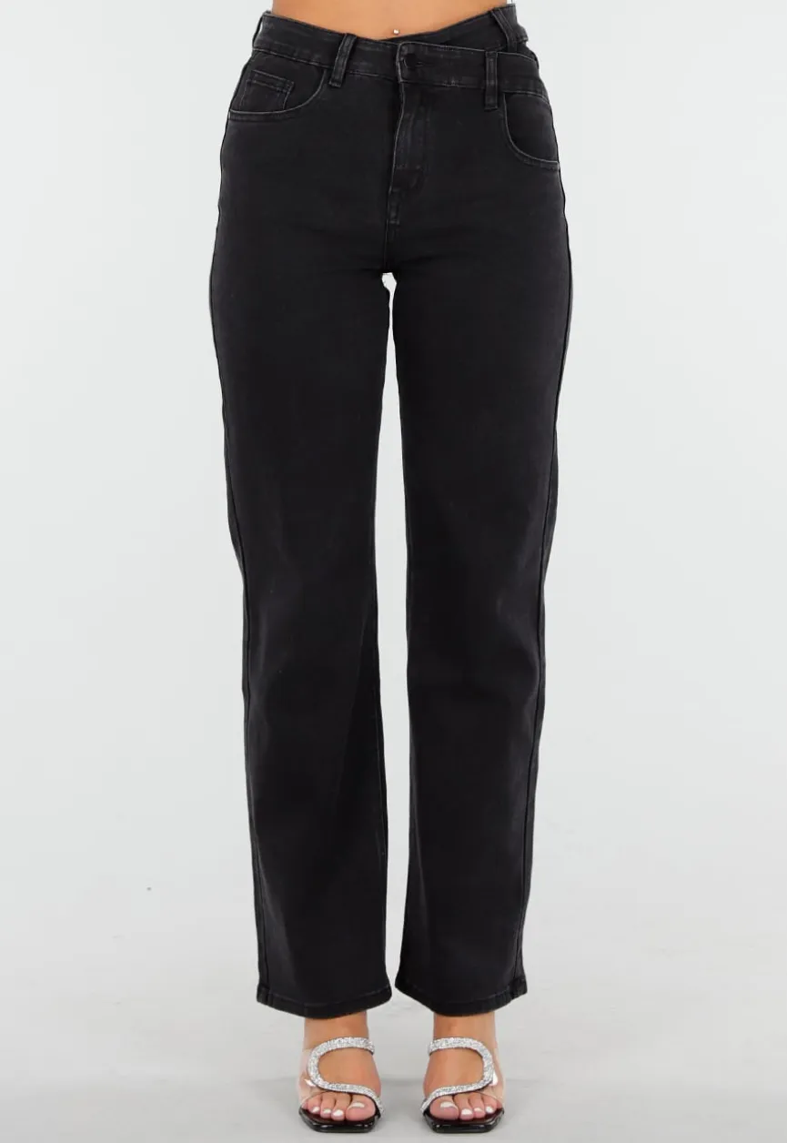 Zwarte High Waist Straight Jeans met Rechte Pijpen