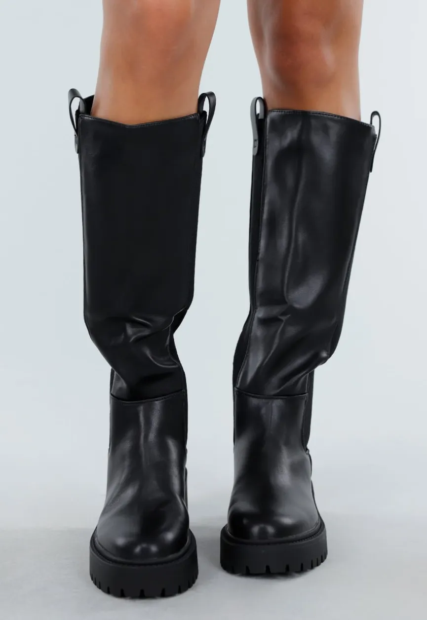 Zwarte Hoge Laarzen met Chunky Zool en Elastisch Detail