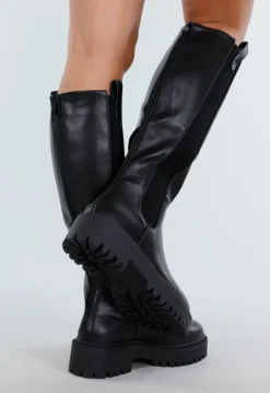 Zwarte Hoge Laarzen met Chunky Zool en Elastisch Detail
