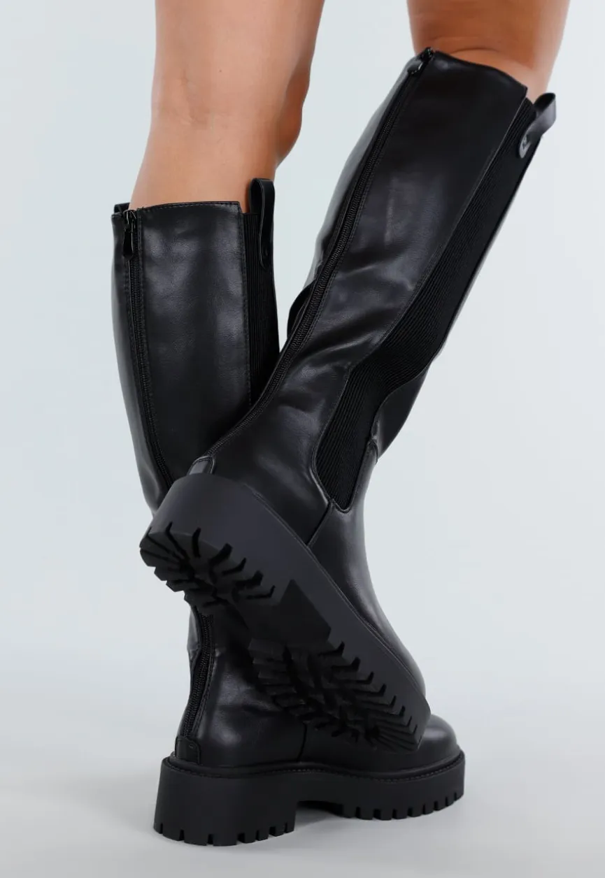 Zwarte Hoge Laarzen met Chunky Zool en Elastisch Detail