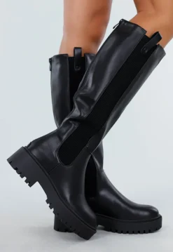 Zwarte Hoge Laarzen met Chunky Zool en Elastisch Detail