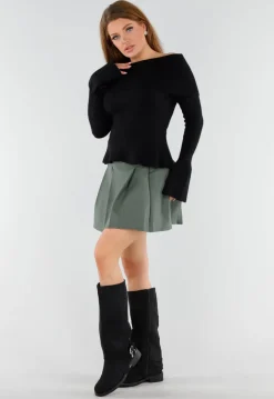 Zwarte Hoge Laarzen met Gespdetail en Lage Hak