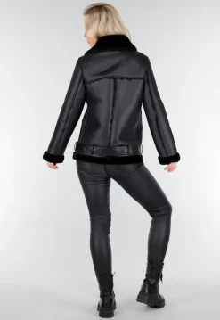 Zwarte Imitatie Leren Biker Jas met Faux Fur
