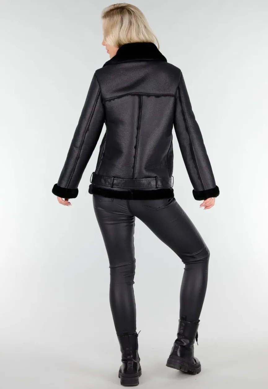 Zwarte Imitatie Leren Biker Jas met Faux Fur