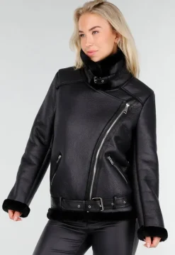 Zwarte Imitatie Leren Biker Jas met Faux Fur