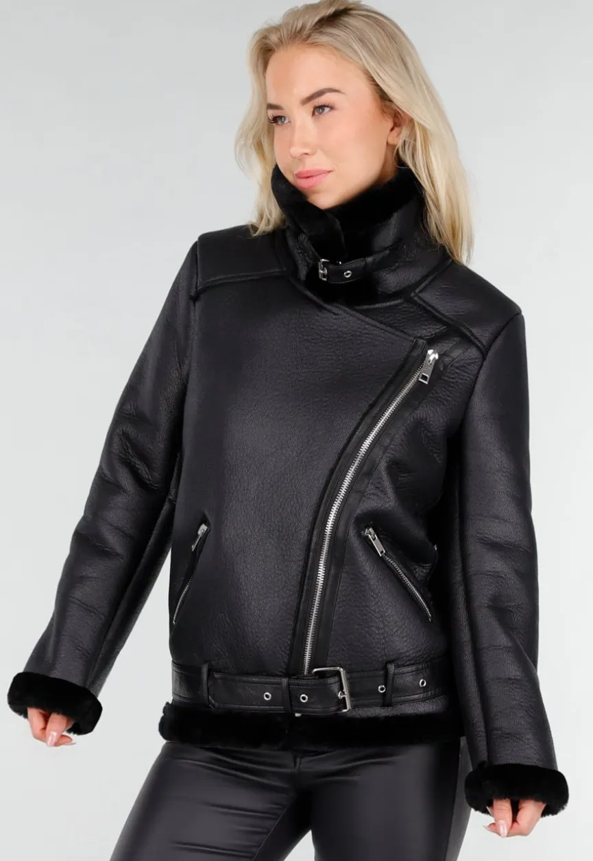 Zwarte Imitatie Leren Biker Jas met Faux Fur