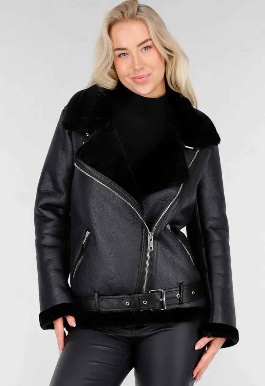 Zwarte Imitatie Leren Biker Jas met Faux Fur