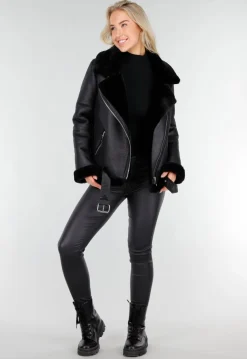 Zwarte Imitatie Leren Biker Jas met Faux Fur