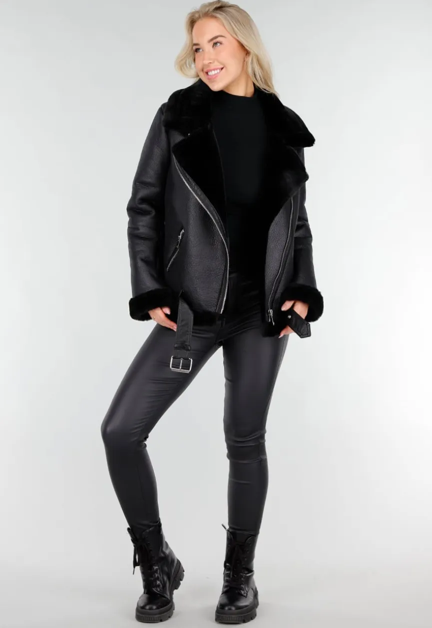 Zwarte Imitatie Leren Biker Jas met Faux Fur