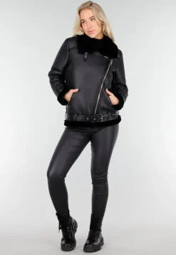 Zwarte Imitatie Leren Biker Jas met Faux Fur