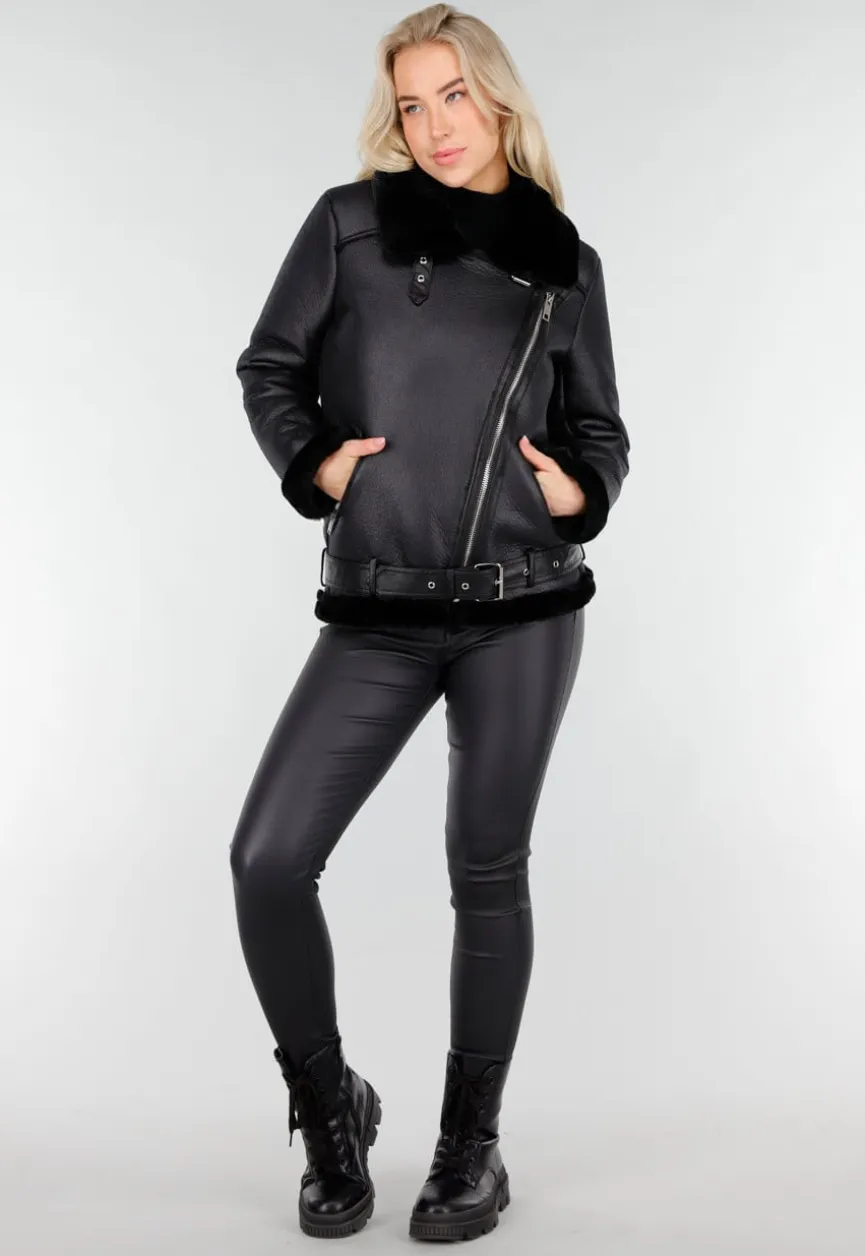 Zwarte Imitatie Leren Biker Jas met Faux Fur