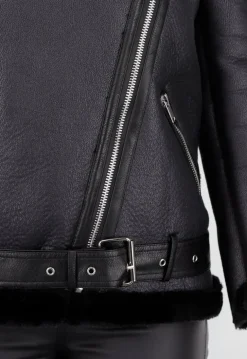 Zwarte Imitatie Leren Biker Jas met Faux Fur