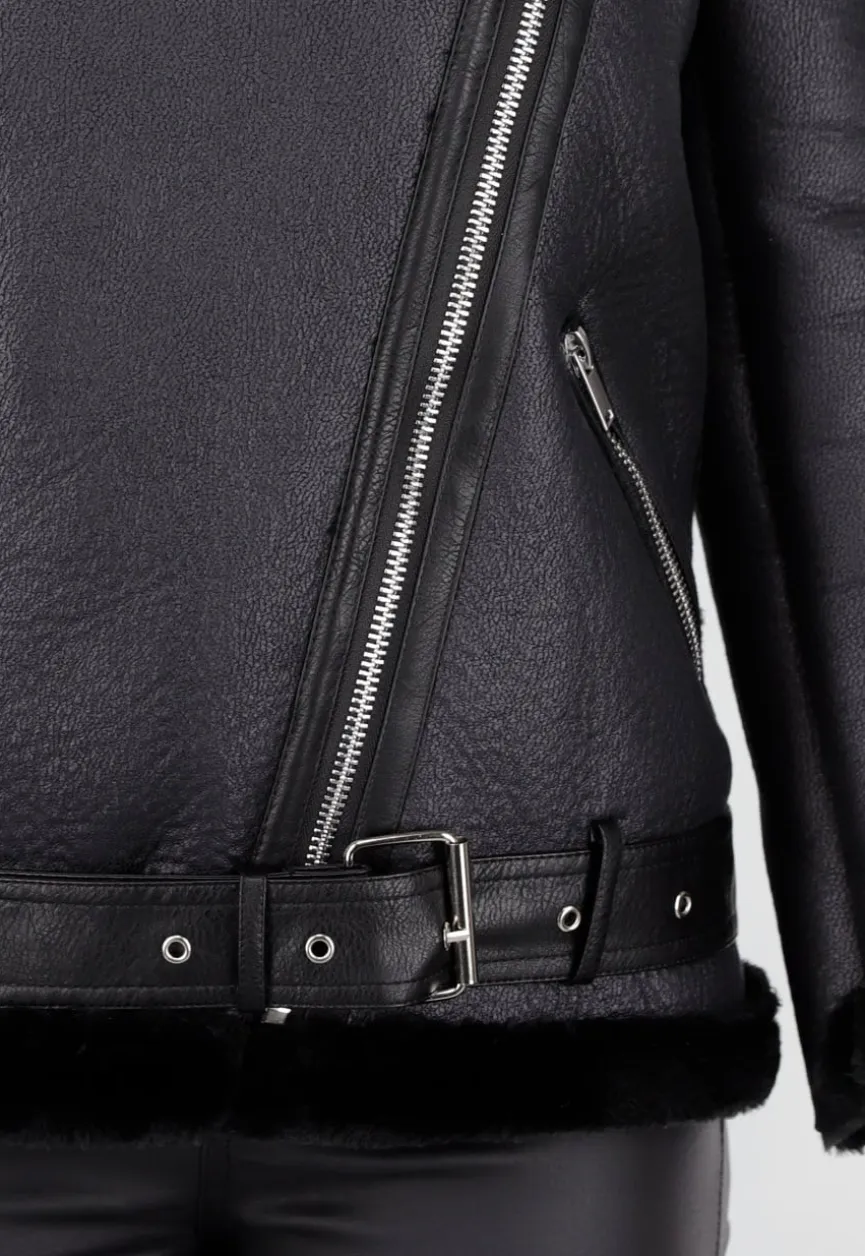 Zwarte Imitatie Leren Biker Jas met Faux Fur
