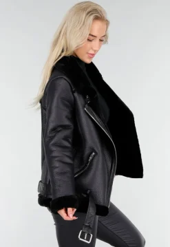 Zwarte Imitatie Leren Biker Jas met Faux Fur
