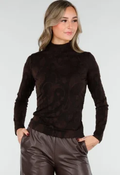 Zwarte Jacquard Top in Lange Mouw met Col en Stretch