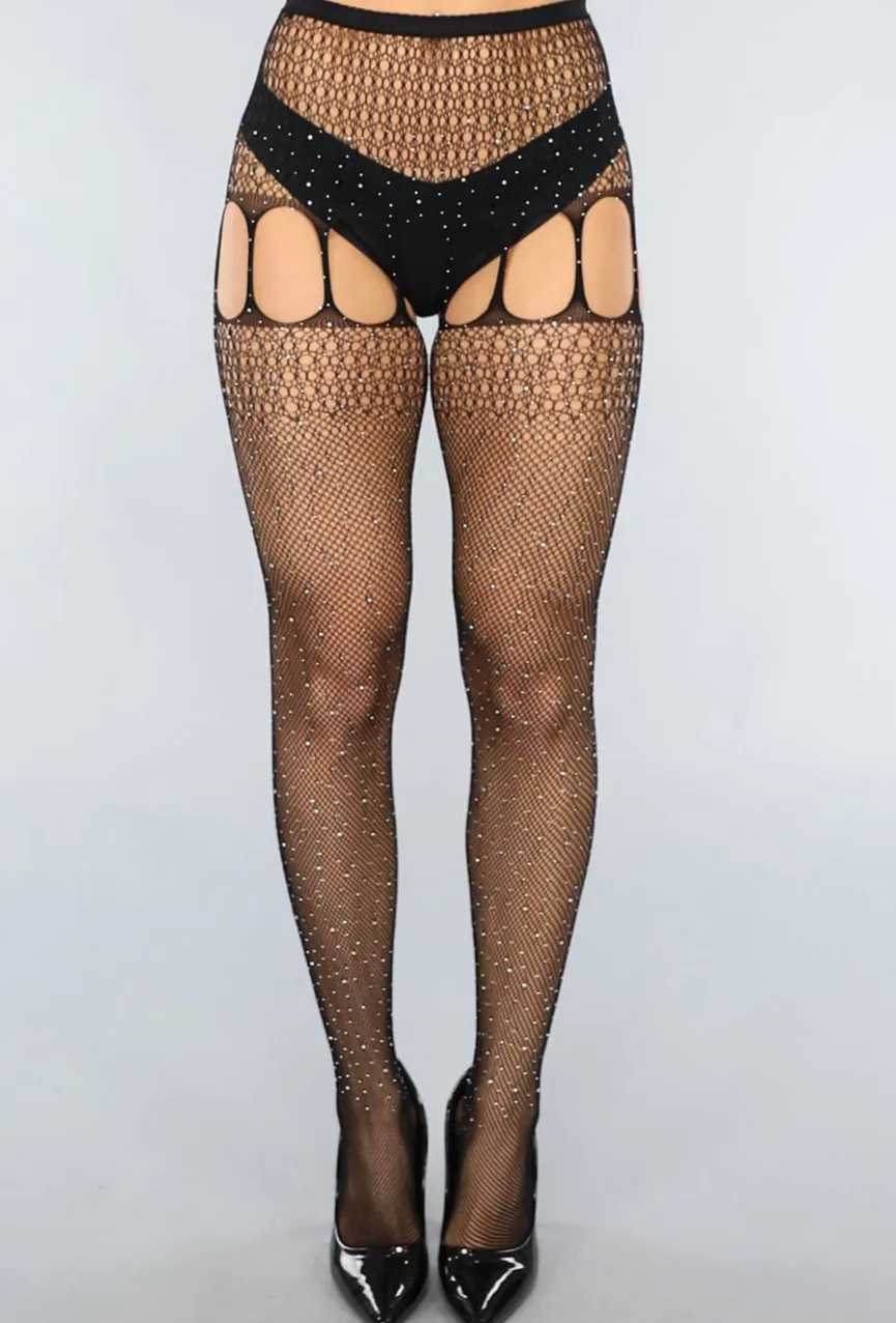 Zwarte Jarretel Look Fishnet Panty met Strass