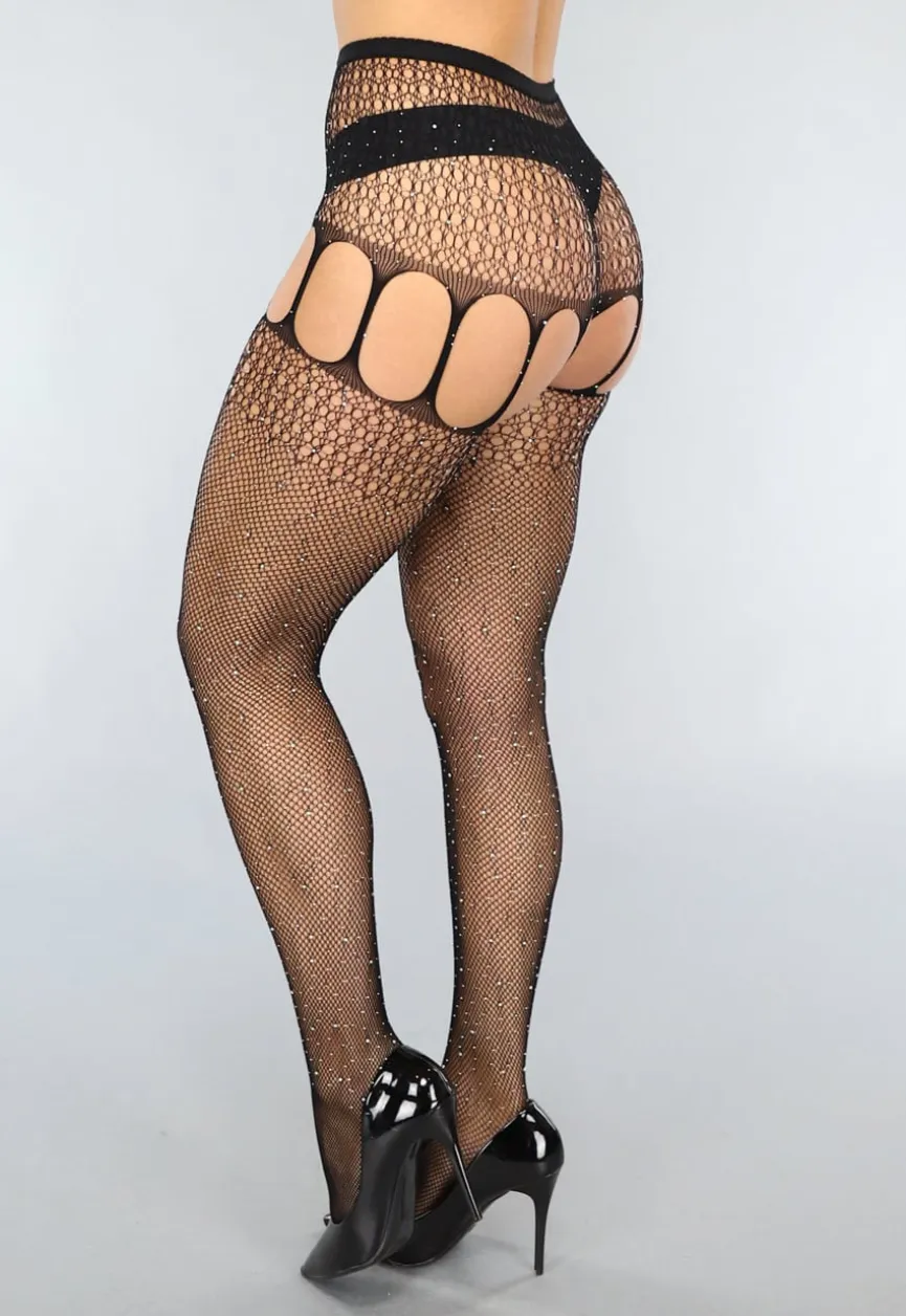 Zwarte Jarretel Look Fishnet Panty met Strass