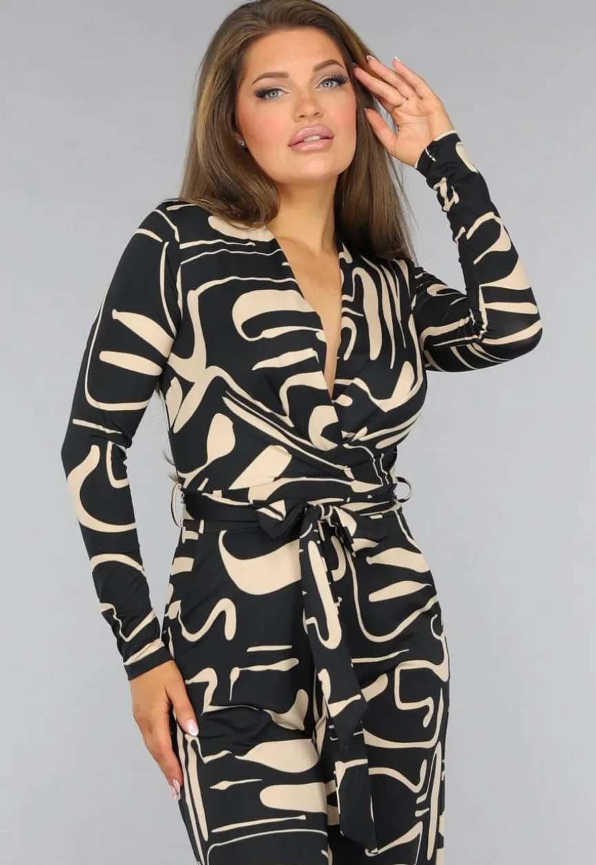 Zwarte Jumpsuit met Beige Patroon en Ceintuur