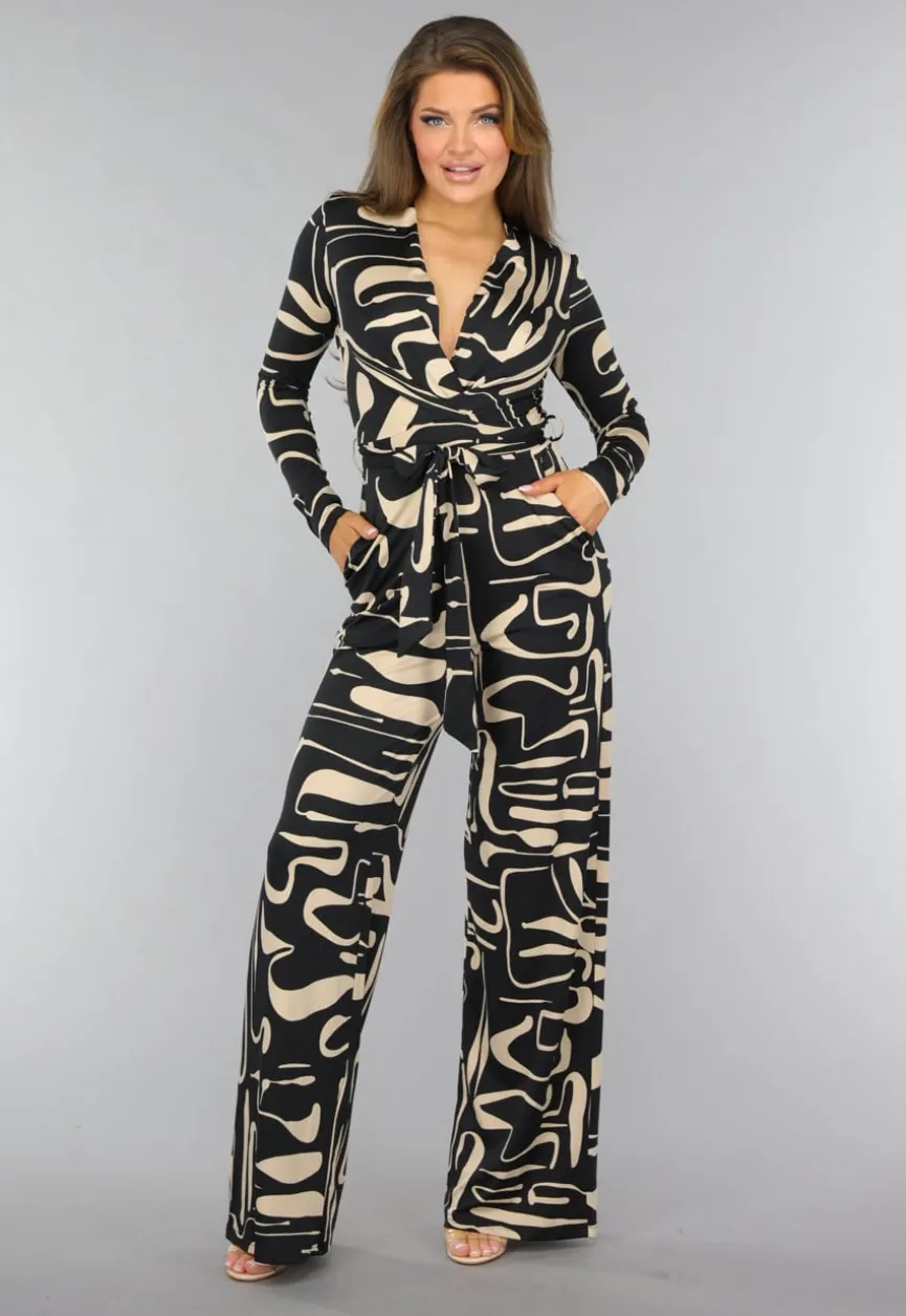 Zwarte Jumpsuit met Beige Patroon en Ceintuur
