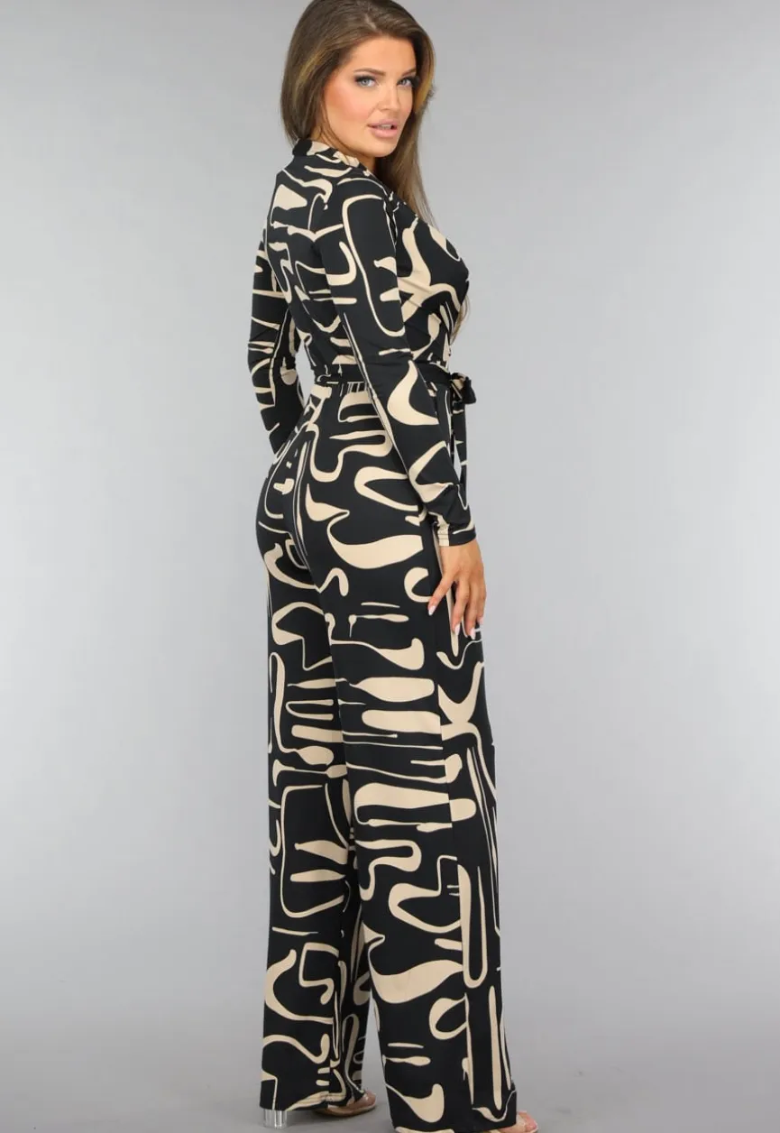 Zwarte Jumpsuit met Beige Patroon en Ceintuur