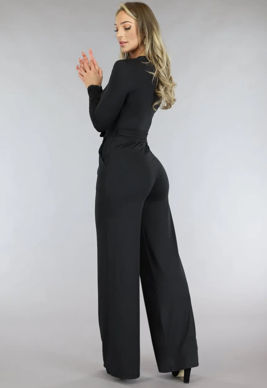 Zwarte Jumpsuit met Wijde Pijpen en Tailleband