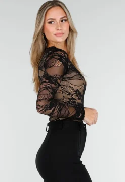 Zwarte Kant Bodysuit met Stretch en Beige Onderlaag