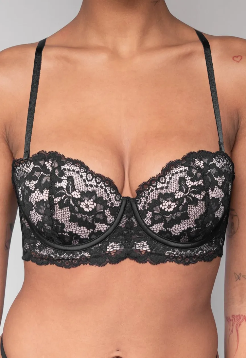 Zwarte Kanten Balconette BH met Push-Up en Afneembare Bandjes