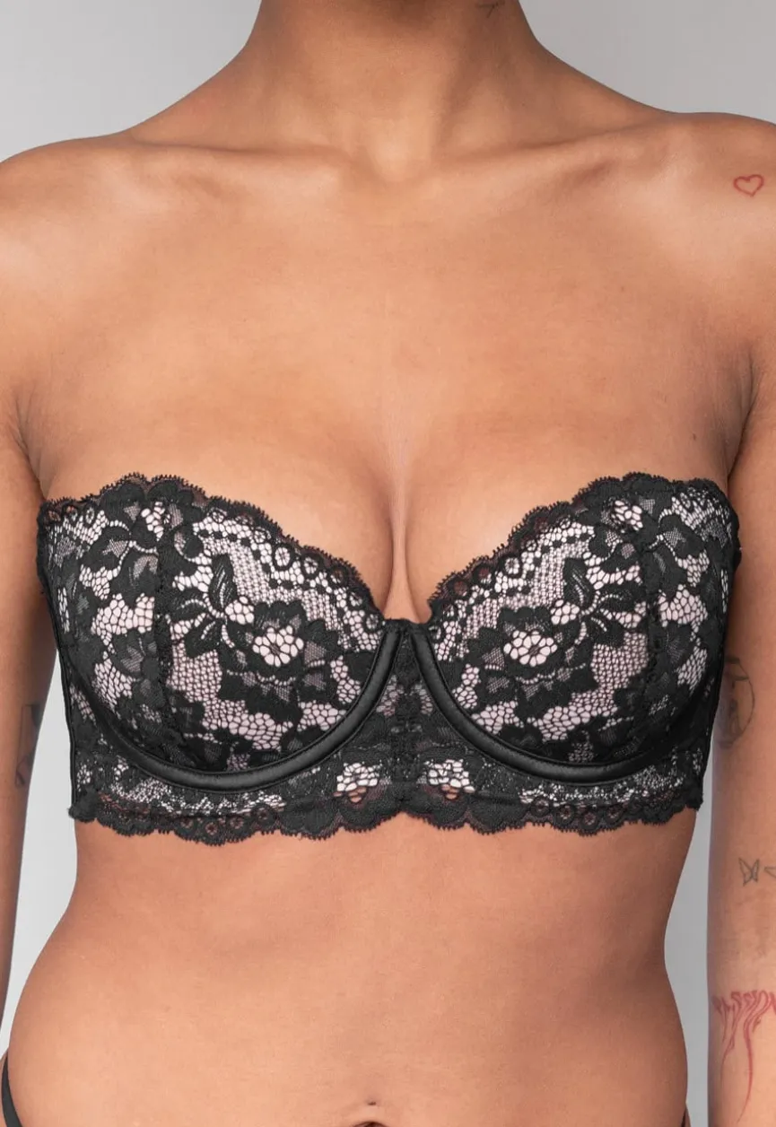 Zwarte Kanten Balconette BH met Push-Up en Afneembare Bandjes