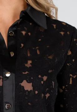 Zwarte Kanten Blouse met Satijnen Details en Lange Mouwen
