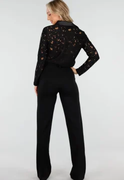 Zwarte Kanten Blouse met Satijnen Details en Lange Mouwen