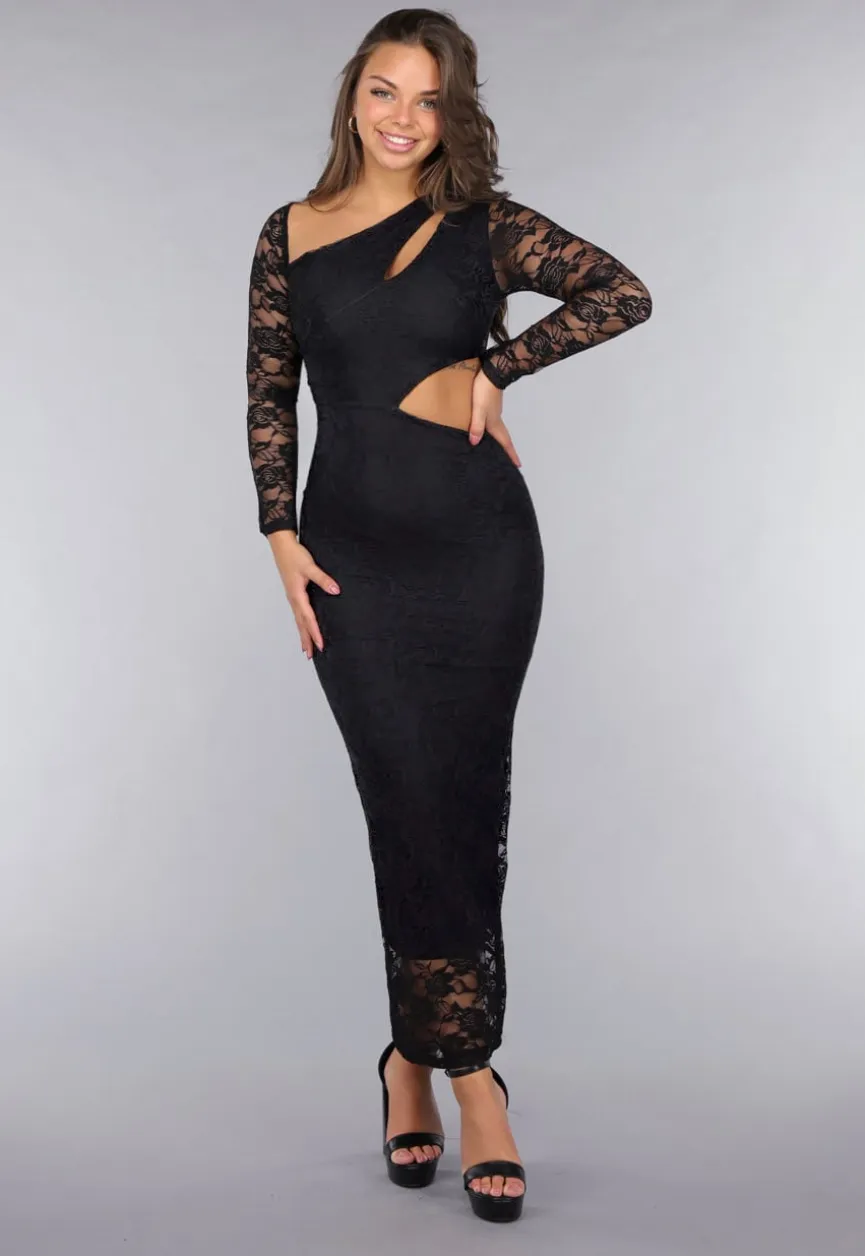 Zwarte Kanten Bodycon Jurk met Cut-Out