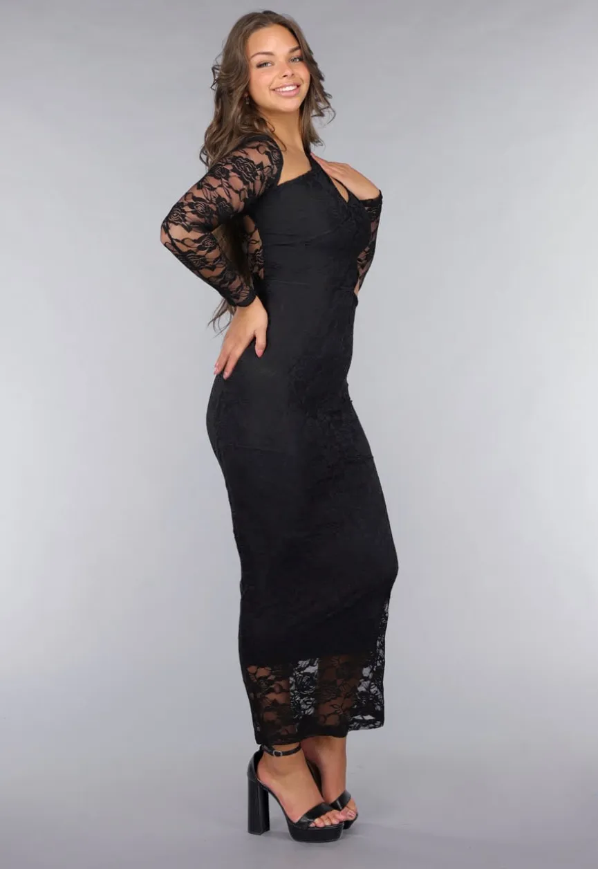 Zwarte Kanten Bodycon Jurk met Cut-Out
