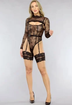 Zwarte Kanten Bodysuit met Bolero en Jarretels